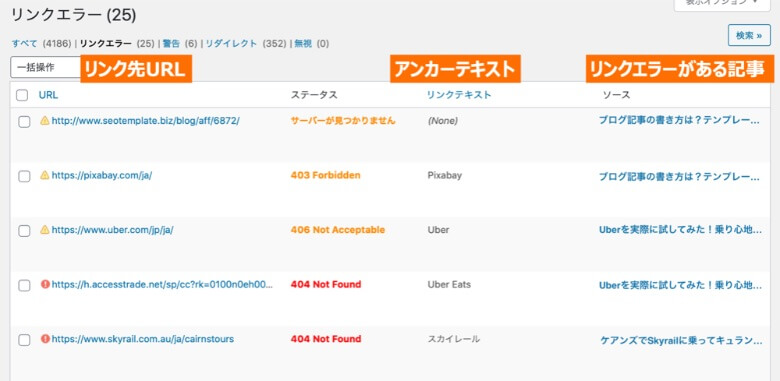 Broken Link Checker リンクエラーリスト