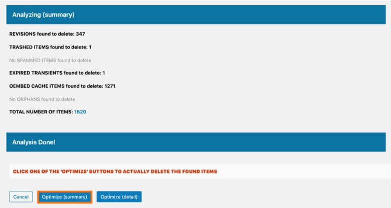 Optimize Database after Deleting Revisions Optimize